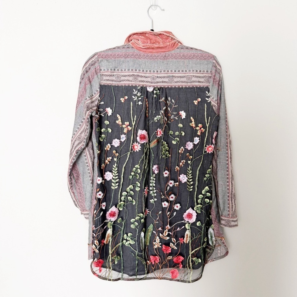 Soft Surroundings Blouse Button Down Shirt Boho Floral sheer back Elena topper - Picture 4 of 7